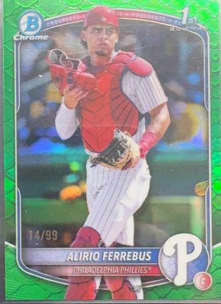 Alirio Ferrebus Bowman Chrome Reptilian Green refractor card numbered to 99