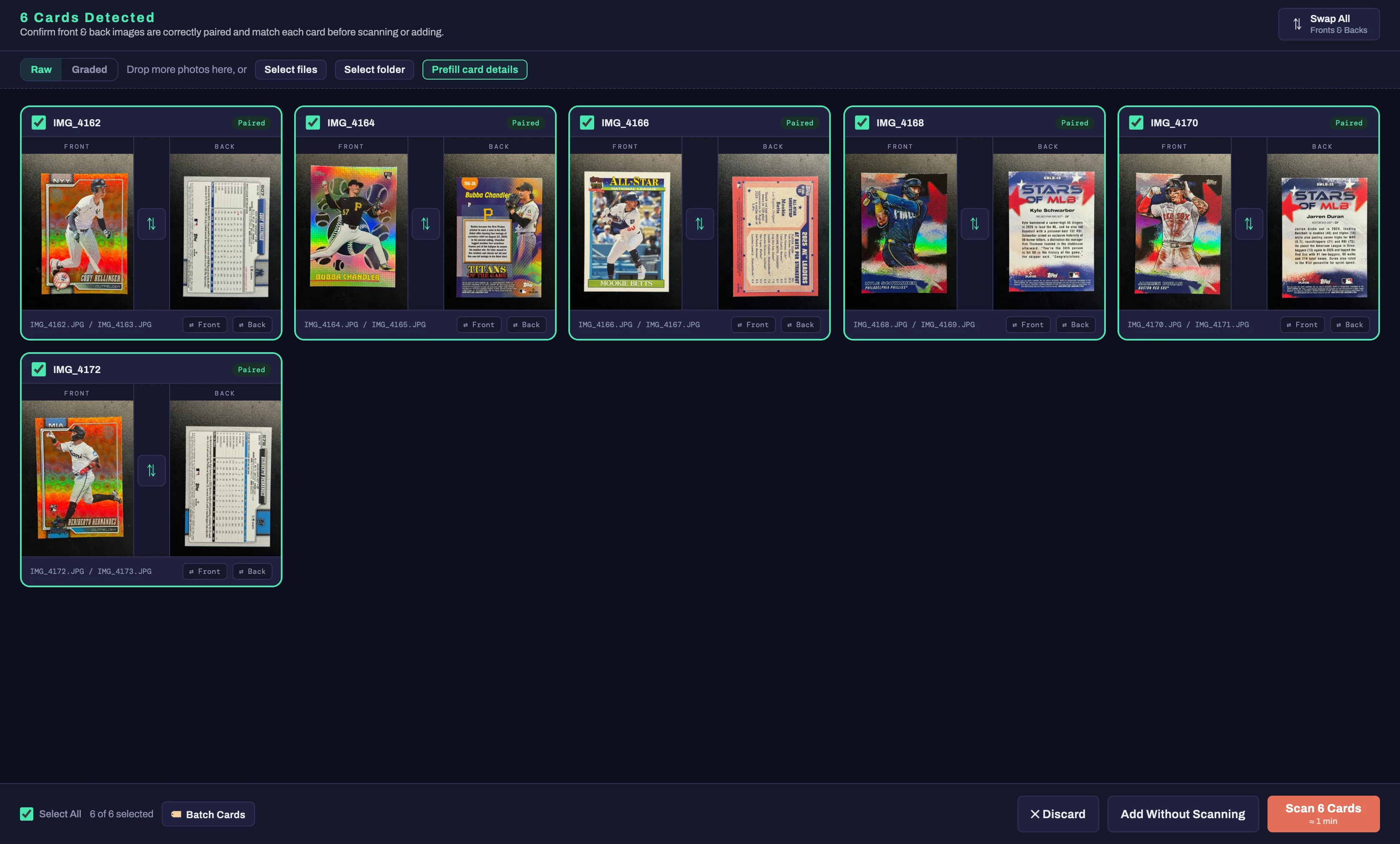 The Cards Detected screen after uploading 6 cards: each shown as a paired front and back thumbnail, ready to scan