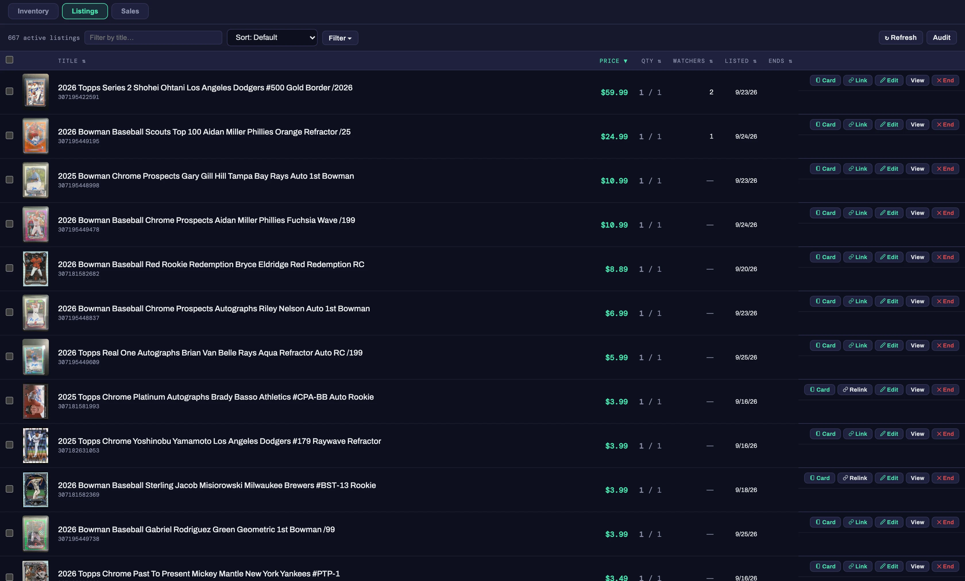 The Listings tab: active eBay listings with price, quantity, watchers and Card/Link/Edit/View/End actions on every row