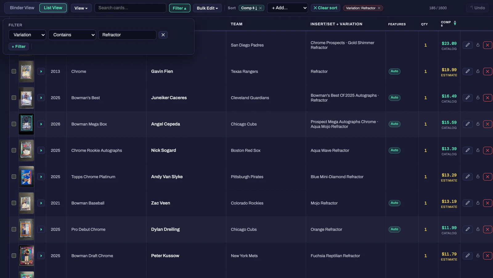 List View with the Filter panel open, showing Refractor cards sorted by value