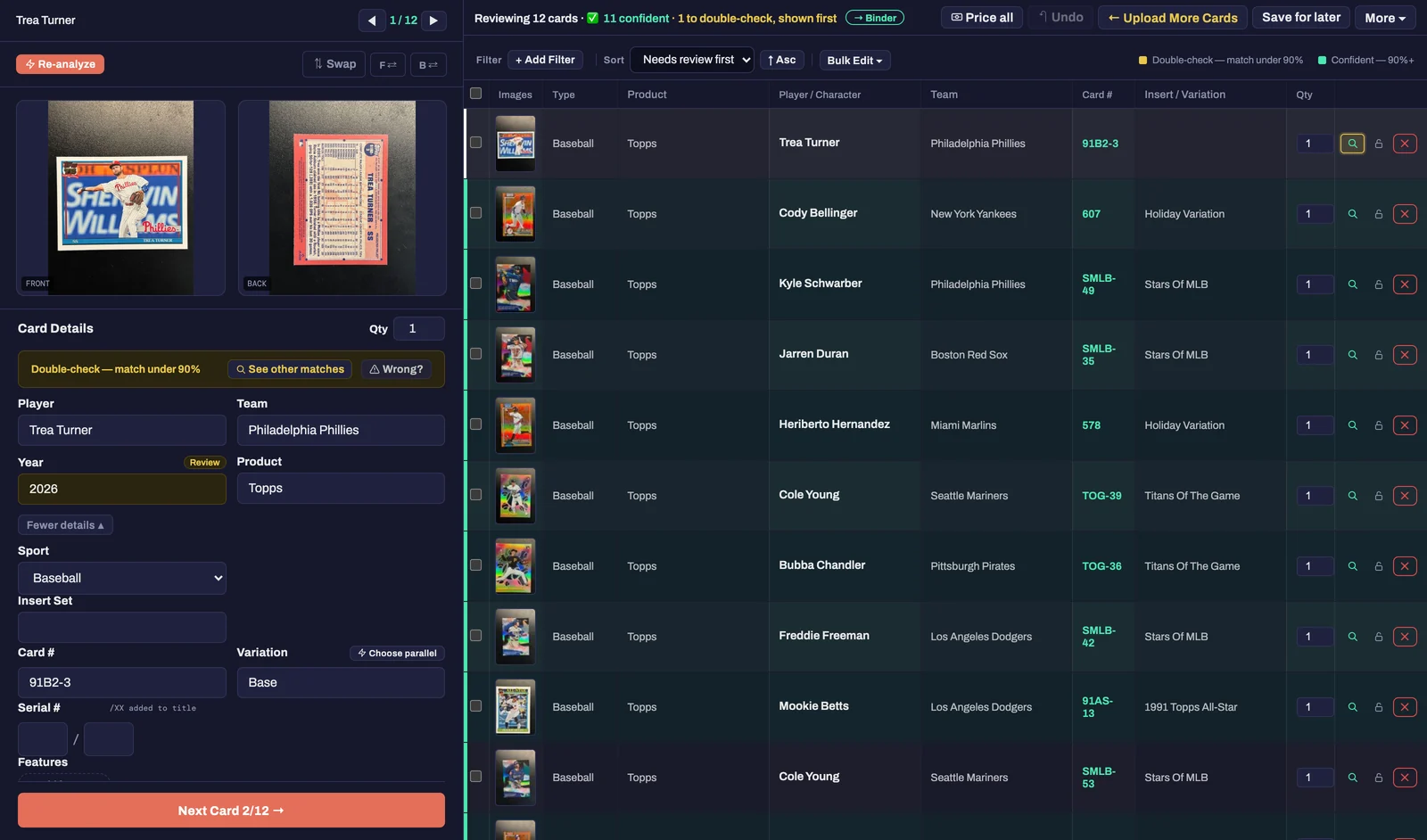 The review screen after a 12-card upload: 11 confident, 1 to double-check shown first, each row with player, team, card number and insert set read from the photos, and the flagged card open on the left