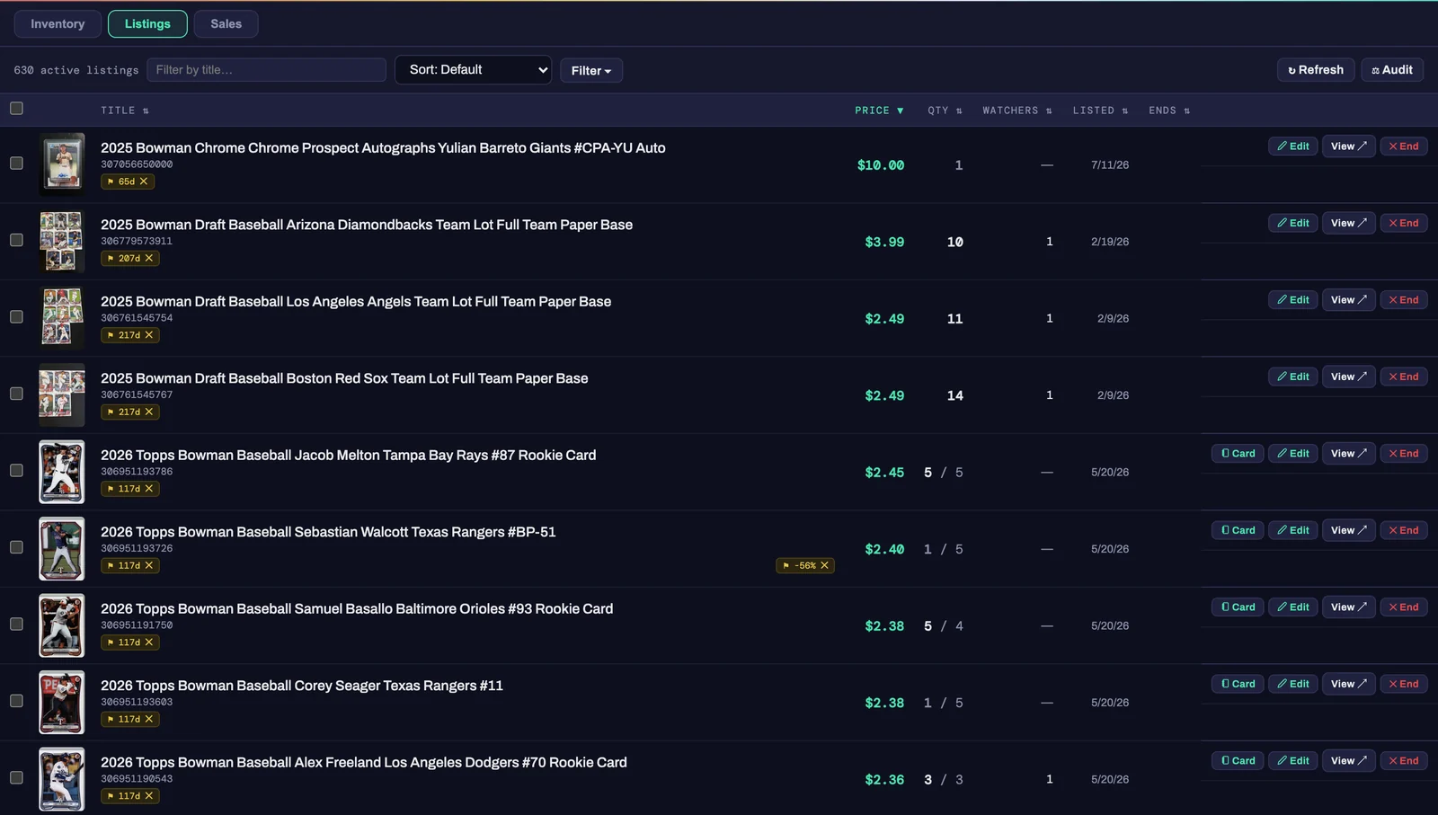 The Listings screen: 630 active eBay listings with price, quantity, watchers and end date